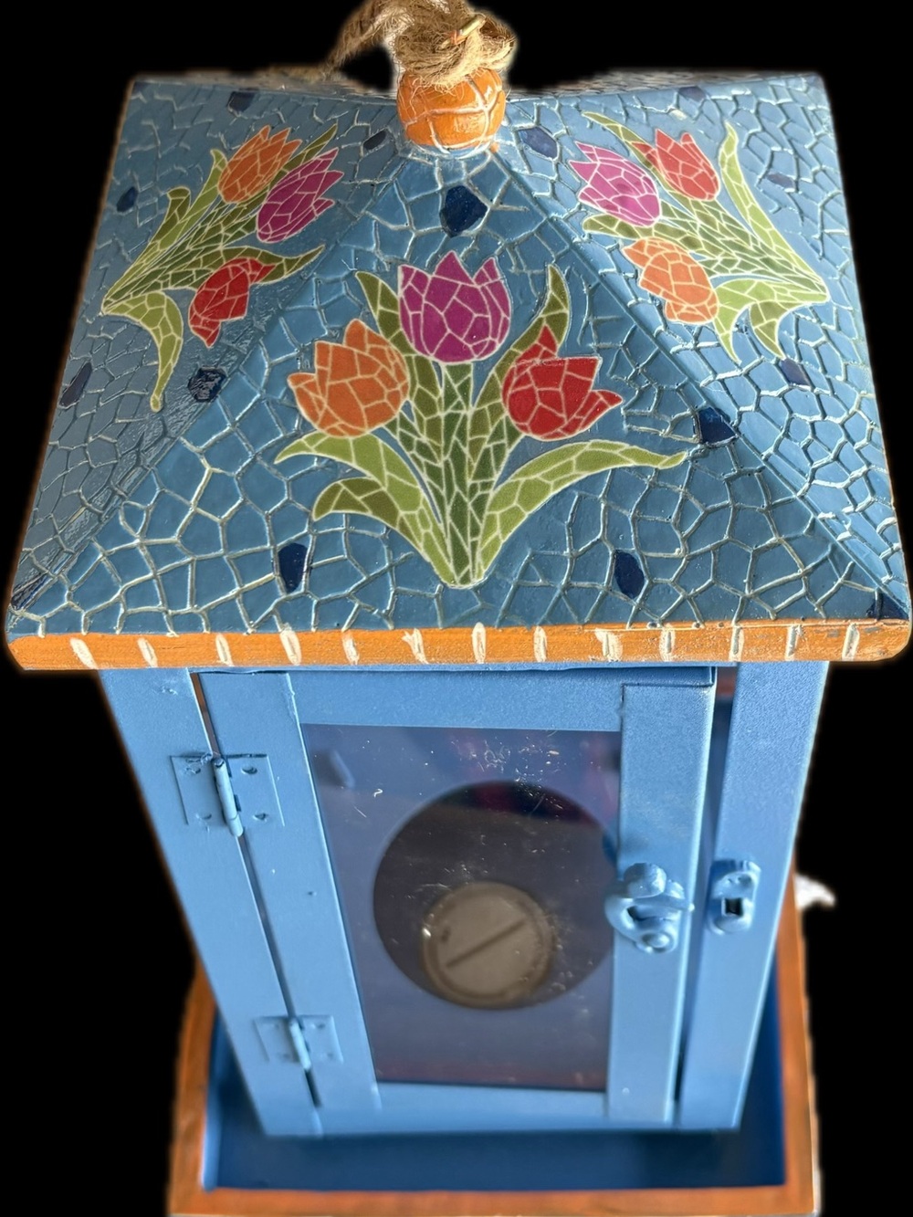 Handcrafted Blue Floral Mosaic Lantern - Decorative Home Accent Bird feeder.
